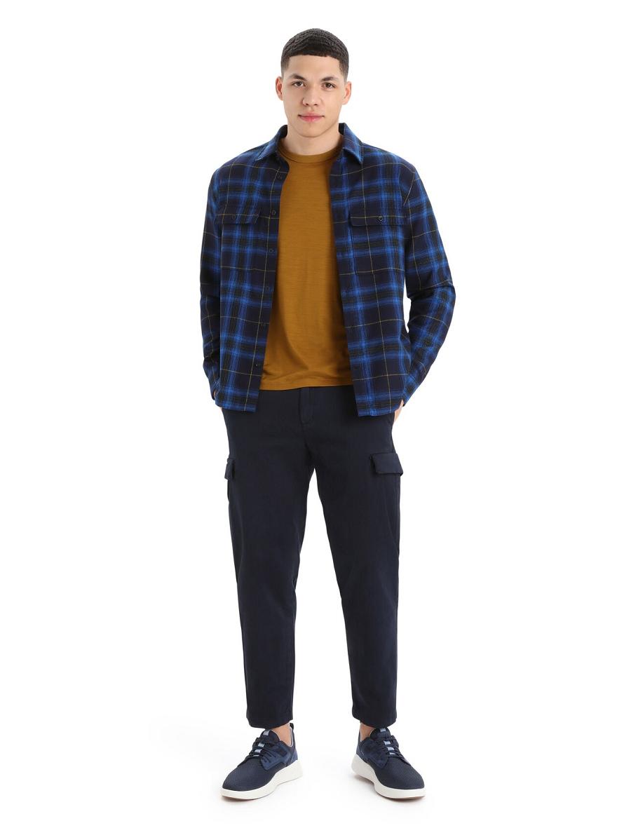 Icebreaker Merino Dawnder Long Sleeve Flannel Shirt Plaid Férfi Kapucnis Pulóver Sötétkék | HU 1255OKIR